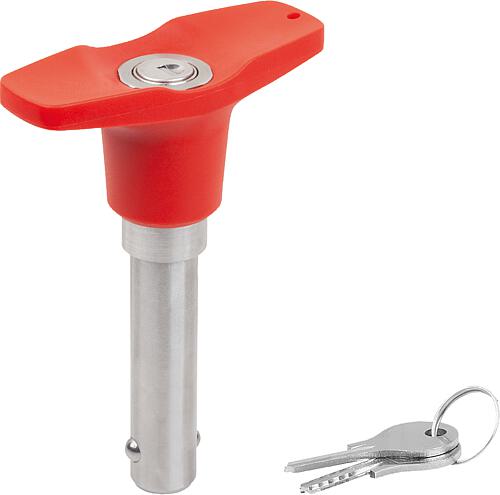 KUGELSPERRBOLZEN ABSCHLIEßBAR MIT T-GRIFF, D1=16, L=60, EDELSTAHL 1.4305, KOMP:THERMOPLAST ROT