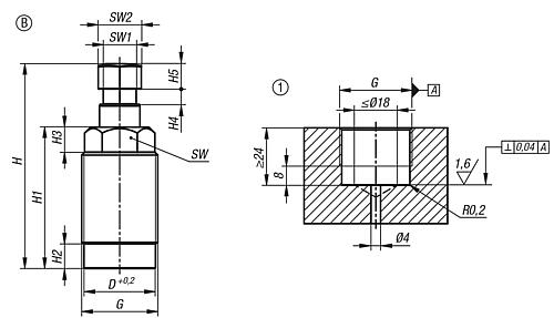 ABSTÜTZELEMENT HYDRAULISCH, FORM:B EINFACH WIRKEND, DK=16, HUB=8, GEBOHRTE KANÄLE STAHL – Bild 2