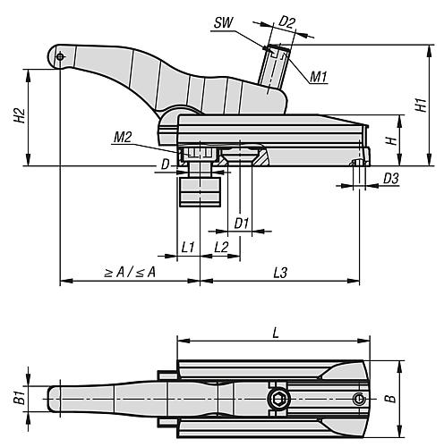 KRAFTSPANNER EINFACH, LANGE AUSFÜHRUNG, M16, L=135, B=54, H=36, VERGÜTUNGSSTAHL SCHWARZ VERZINKT – Bild 2
