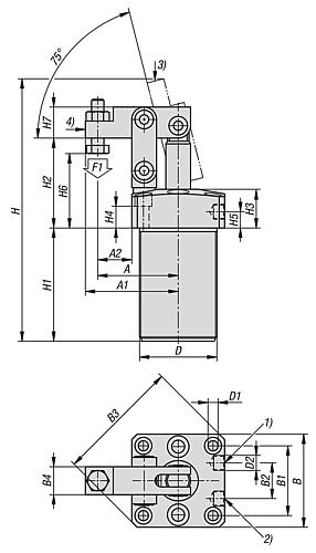 HEBELSPANNER PNEUMATISCH, EINSCHRAUBBAR MIT FLANSCH, GR.32, M50X1,5, H=170, ALUMINIUM SCHWARZ – Bild 2