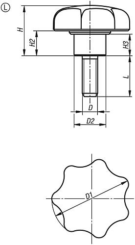 STERNGRIFF METALLDETEKTIERBAR, MIT VORSTEHENDER BUCHSE M10X40, D1=50, H=50, FORM:L MIT – Bild 2