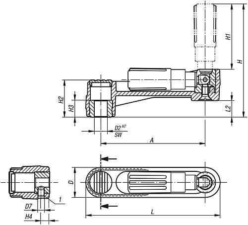 HANDKURBEL OHNE QUERBOHRUNG, PASSBOHRUNG D2=0,5, A=125, H=140, FORM:C MIT UMLEGBAREM GRIFF, – Bild 2