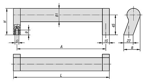 ROHRGRIFF SCHRÄGSTEHEND, A=150, L=165, D=M06, H=60, ALUMINIUM MATTGLÄNZEND UND ELOXIERT, – Bild 2