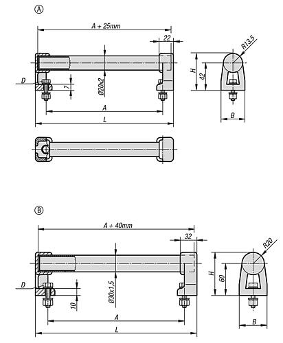 ROHRGRIFF A=400, L=450, D=M08x25, H=80, FORM:B, ALUMINIUM SCHWARZ KUNSTSTOFFÜBERZUG GERIFFELT, – Bild 2