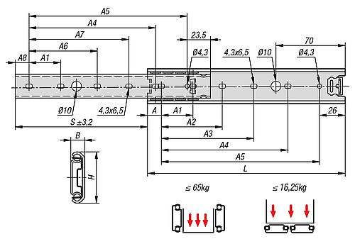 TELESKOPSCHIENE L=700 9,5X35,34, TEILAUSZUG S=506, Fp1=42, Fp2=40, EDELSTAHL BLANK, MONTAGE – Bild 2