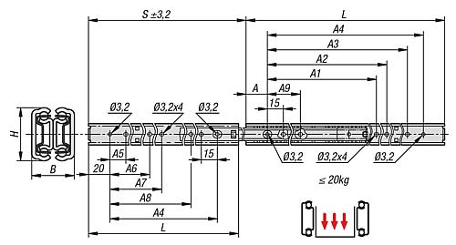 TELESKOPSCHIENE L=500 16X20, VOLLAUSZUG S=526, Fp=13, STAHL VERZINKT, MONTAGE SEITLICH, 1 STÜCK – Bild 2