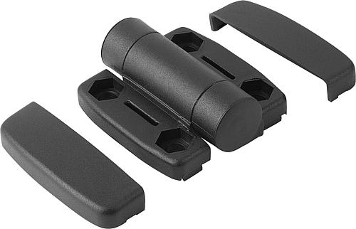 SCHARNIER MIT RASTFUNKTION 73,5X56, THERMOPLAST SCHWARZ, KOMP:EDELSTAHL, A1=22,75, A2=22,75,