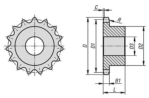 KETTENRAD EINFACH, 3/8X7/32, N=14 EDELSTAHL, VORGEBOHRT, ISO=06B-1 – Bild 2