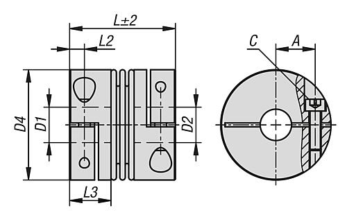 METALLBALGKUPPLUNG MIT RADIALER KLEMMNABE GR.200, D1=28, D2=28, L=60, ALUMINIUM, KOMP:EDELSTAHL, – Bild 2