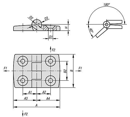 SCHARNIER 74X48, THERMOPLAST SCHWARZ, KOMP:EDELSTAHL, A1=20, A2=22,5, A3=35,5, A4=38,5 – Bild 2