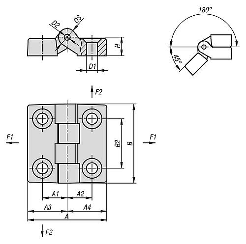 SCHARNIER MIT BEFESTIGUNGSBOHRUNG 48X48, THERMOPLAST SCHWARZ, KOMP:STAHL, A1=15, A2=15, A3=24, A4=24 – Bild 2