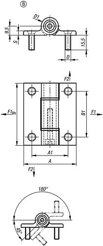 SCHARNIER MIT EINSTELLBARER FRIKTION, FORM:B MIT GEWINDEBOLZEN D=M06 55X65, A1=38, B1=48, ALUMINIUM – Bild 2