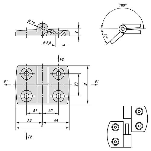 SCHARNIER AUSHÄNGBAR, LINKS 59X48, ALUMINIUM PULVERBESCHICHTET, KOMP:EDELSTAHL, A1=17,5, A2=17,5, – Bild 2