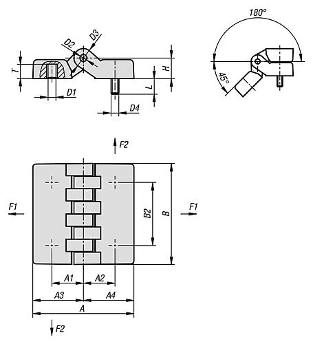SCHARNIER MIT BUCHSE, MIT BEFESTIGUNGSSCHRAUBE 95X95, THERMOPLAST SCHWARZ, A1=31,5, A2=31,5, – Bild 2