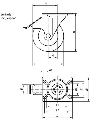 LENKROLLE MIT FESTSTELLSYS STOP-FIX, D=150, B=50, GUMMI, MIT WEICHGUMMIREIFEN, KOMP:STAHL – Bild 2